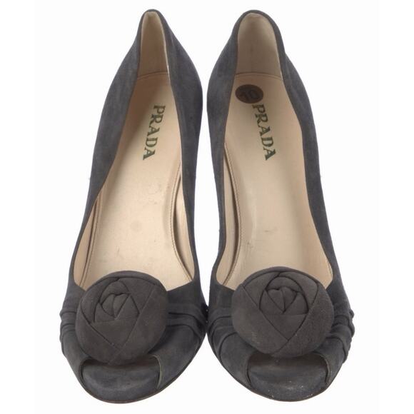 PRADA Suede Pumps Rosette Peep Toe Gray Stiletto Heels US 10 EU 40.5 - Picture 2 of 5